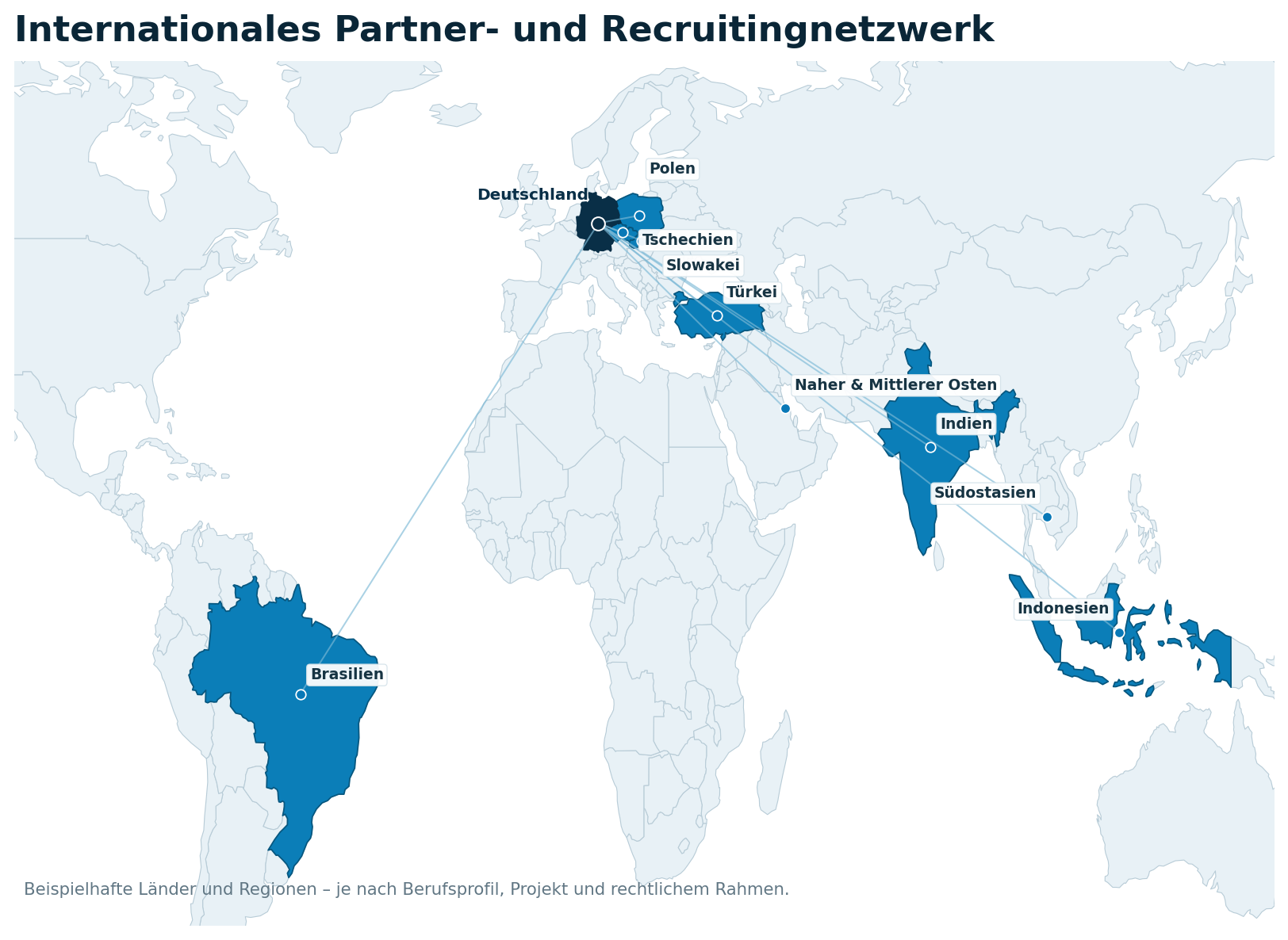 Weltkarte mit beispielhaften Partner- und Recruitingregionen der KommunikationsWerkstatt